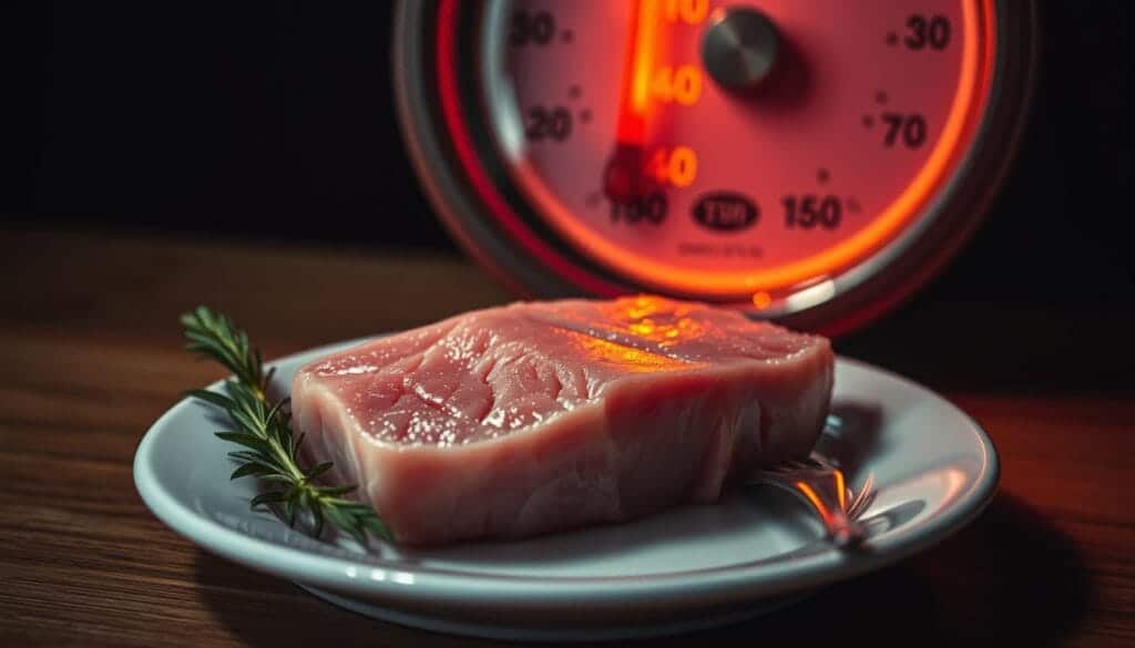 A small plate with a fresh tuna steak on it, with a shadowy, looming presence of a mercury thermometer in the background, casting an ominous, cautionary tone. The tuna is illuminated by warm, dramatic lighting, highlighting its delicate texture and vibrant color. The mercury thermometer is slightly out of focus, conveying a sense of potential danger lurking behind the healthy, appealing tuna. The overall composition creates a visually striking juxtaposition, drawing the viewer's attention to the potential concerns around mercury levels when consuming tuna for weight loss.