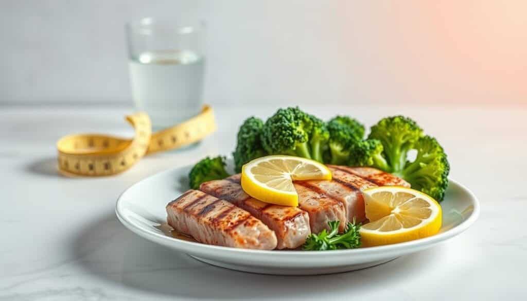 A still life composition showcasing a tuna fish diet for weight loss. In the foreground, a plate with grilled tuna steak, garnished with lemon wedges and a side of steamed broccoli. In the middle ground, a glass of water and a measuring tape to convey the weight loss theme. The background features a neutral, minimalist setting with clean lines and soft, natural lighting to emphasize the healthiness of the meal. The overall mood is one of simplicity, freshness, and a commitment to a nutritious, protein-rich diet for effective fat loss. A still life composition showcasing a tuna fish diet for weight loss. In the foreground, a plate with grilled tuna steak, garnished with lemon wedges and a side of steamed broccoli. In the middle ground, a glass of water and a measuring tape to convey the weight loss theme. The background features a neutral, minimalist setting with clean lines and soft, natural lighting to emphasize the healthiness of the meal. The overall mood is one of simplicity, freshness, and a commitment to a nutritious, protein-rich diet for effective fat loss.