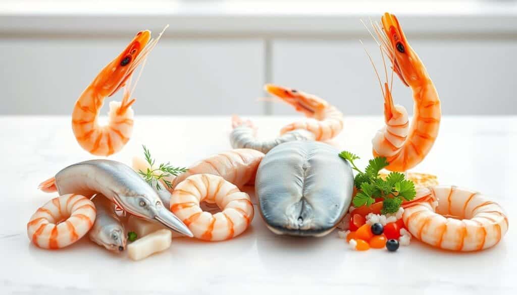 A stylish, high-quality, hyper-realistic photograph depicting a side-by-side comparison of various types of seafood, focused on shrimp, and highlighting their comparative nutritional profiles and potential benefits for weight loss. The image should be shot from a slightly elevated angle, with the seafood samples arranged in an appealing, visually striking manner on a modern, minimalist white tabletop. Utilize soft, natural lighting to create a crisp, clean, and appetizing atmosphere. Meticulously capture the textures, colors, and details of the seafood to showcase their visual appeal. The overall composition should be balanced, visually harmonious, and designed to draw the viewer's attention to the key comparative elements.