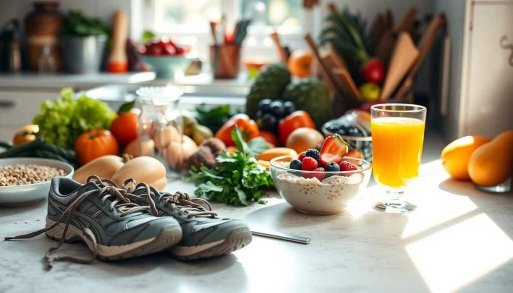 A sun-dappled kitchen countertop, lined with a vibrant assortment of fresh fruits, vegetables, and whole grains. A steaming bowl of oatmeal, topped with berries and a drizzle of honey, sits alongside a glass of freshly squeezed orange juice. In the foreground, a pair of well-worn, yet sturdy, sneakers hint at the active lifestyle that complements this wholesome meal. The scene is bathed in soft, natural light, conveying a sense of balance, contentment, and a sustainable approach to nourishing the body.