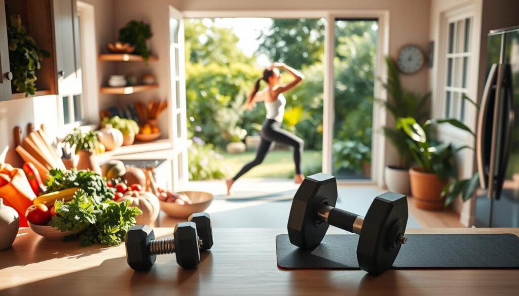A sun-dappled kitchen with a spacious counter, showcasing an array of fresh produce, lean proteins, and whole grains. In the foreground, a set of neatly arranged dumbbells and a yoga mat, hinting at a well-rounded fitness routine. The middle ground features a person performing a low-impact cardio exercise, their form captured in a dynamic, streamlined pose. The background depicts a lush, verdant garden, symbolizing the harmony between healthy eating and active living. The lighting is soft and natural, creating a serene, inviting atmosphere that evokes a sense of balance and wellbeing.