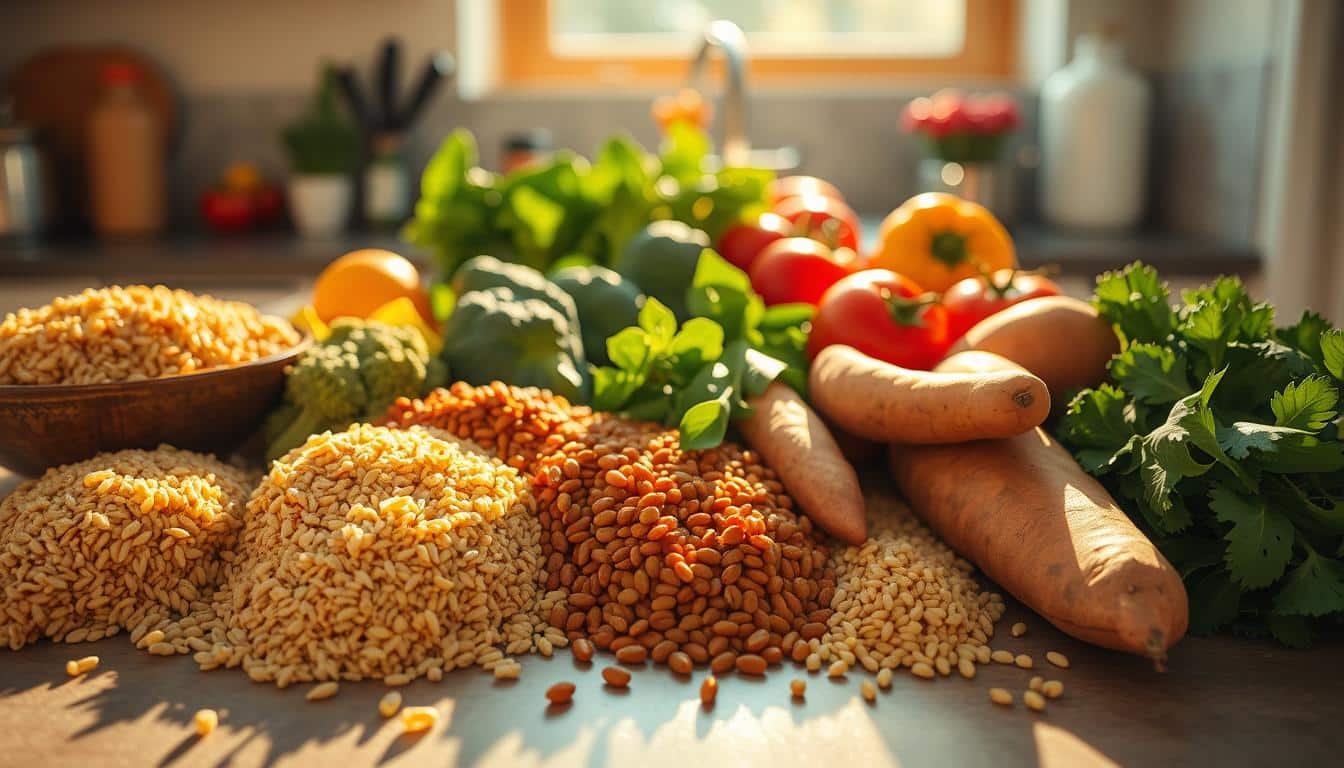A sun-drenched kitchen counter, arranged with a vibrant array of whole grains, leafy greens, and colorful fruits. In the foreground, a selection of nutrient-dense carbohydrate sources - quinoa, brown rice, lentils, and sweet potatoes - cast long shadows, highlighting their unique textures and hues. The middle ground features a mix of crisp vegetables, such as broccoli, spinach, and tomatoes, while the background softly blurs, creating a sense of depth and tranquility. The lighting is warm and natural, casting a golden glow over the scene, conveying the healthful and satisfying nature of these &quot;best carbs for weight loss.&quot;