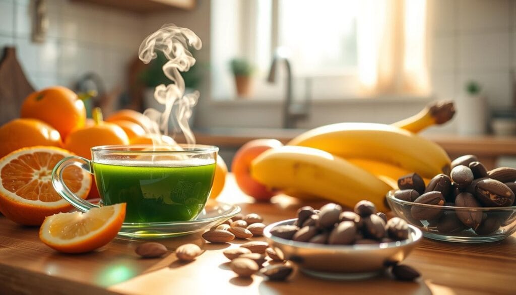 A sun-drenched kitchen counter with a variety of healthy afternoon snacks and energy boosters. In the foreground, a colorful array of fresh fruits - juicy oranges, crisp apple slices, and ripe bananas. Beside them, a cup of steaming green tea, its aromatic steam rising gently. In the middle ground, a handful of raw almonds and a small bowl of dark chocolate-covered espresso beans, both known for their ability to provide a natural energy lift. In the background, a glimpse of a window, allowing warm afternoon light to flood the scene, creating a cozy, inviting atmosphere. The overall mood is one of nourishment, vitality, and a sense of midday rejuvenation.