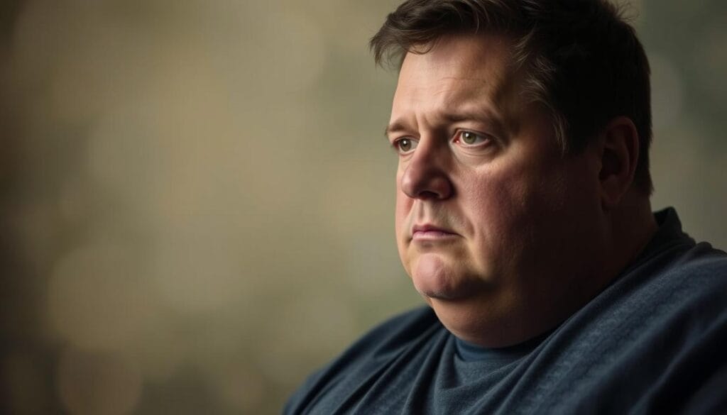 A thoughtful, introspective portrait of Billy Gardell, capturing his mental health journey through weight loss. In the foreground, Gardell's face is illuminated with a soft, warm light, his expression one of quiet determination and self-reflection. The middle ground features a hazy, abstract backdrop, representing the mental and emotional challenges he has overcome. The background subtly hints at nature's calming influence, with muted greens and blues, conveying a sense of serenity and inner peace. The overall atmosphere is contemplative, inviting the viewer to empathize with Gardell's personal transformation and the mental health aspects of his inspiring weight loss journey.