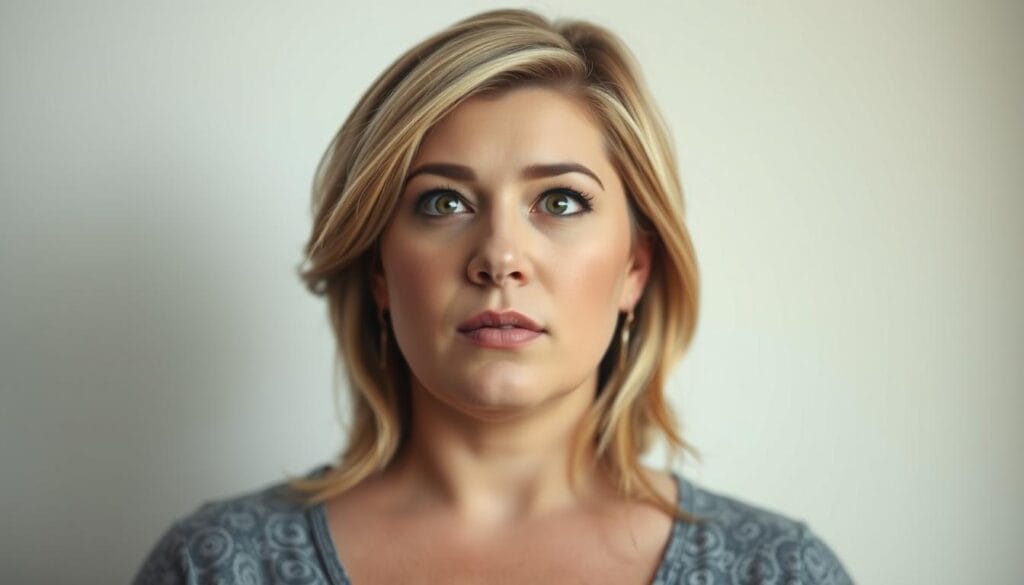 A thoughtful, introspective self-portrait of Kelly Clarkson, captured in soft, natural lighting. She stands before a plain background, her gaze directed inward, reflecting on her psychological journey with body image. Her face is serene, conveying a sense of self-acceptance and inner peace. The focus is on her expression and posture, evocative of the personal growth and emotional transformation she has experienced. The overall mood is one of quiet contemplation, inviting the viewer to connect with the intimate, vulnerable aspects of her weight loss journey.
