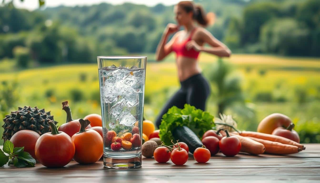 A tranquil and serene scene depicting the benefits of water for weight loss. In the foreground, a glass of refreshing water stands, surrounded by fresh fruits and vegetables symbolizing a healthy diet. In the middle ground, a person in activewear performs a light exercise, their body invigorated by the hydration. The background features a lush, verdant landscape, conveying a sense of rejuvenation and vitality. The lighting is soft and natural, creating a warm, inviting atmosphere. The image is captured with a wide-angle lens, allowing the viewer to appreciate the interconnectedness of the elements. This visually compelling composition showcases the research-backed benefits of water for weight management.
