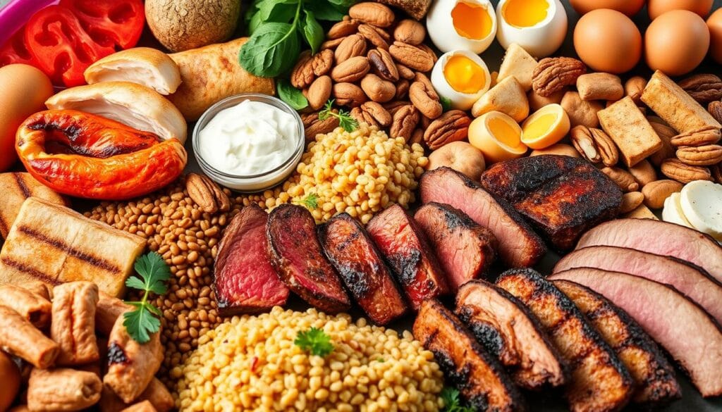 A vibrant and appetizing arrangement of the best high-protein foods for a healthy meal plan. In the foreground, a variety of lean meats, such as grilled chicken breasts, seared steak, and roasted pork tenderloin, are beautifully presented. In the middle ground, an assortment of nutrient-dense plant-based proteins, including lentils, quinoa, and tofu, are artfully displayed. The background features a visually appealing selection of eggs, Greek yogurt, and nuts, all of which are excellent sources of protein. The lighting is warm and natural, highlighting the rich colors and textures of the ingredients. The overall composition creates a mouthwatering and well-balanced scene that inspires healthy, high-protein meal planning.