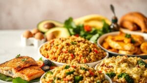 A vibrant and appetizing spread of delectable high-protein dishes against a softly blurred background. In the foreground, an array of colorful and nutrient-dense meals, including grilled salmon with roasted vegetables, a hearty quinoa and lentil salad, and a creamy chicken and broccoli casserole. The lighting is warm and natural, highlighting the textures and colors of the dishes. In the middle ground, a selection of fresh ingredients, such as avocado, eggs, and leafy greens, suggesting the wholesome and balanced nature of the recipes. The overall atmosphere is one of health, vitality, and culinary delight, inviting the viewer to explore these high-protein diet options for effective weight loss.