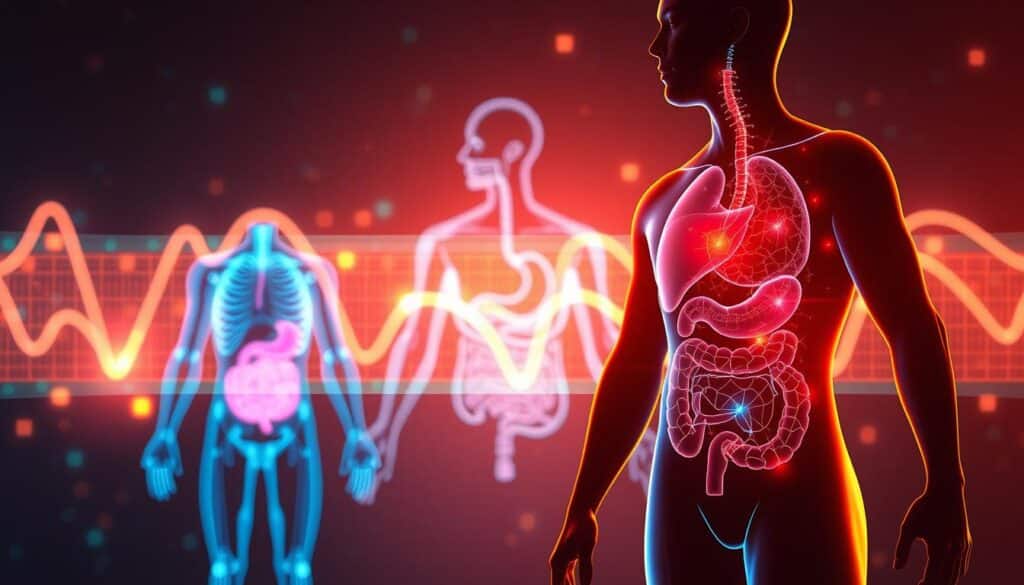 A vibrant and dynamic illustration of a high-protein diet's impact on metabolism. In the foreground, a person's body silhouette appears, with glowing energy lines radiating outward, symbolizing an accelerated metabolic rate. The middle ground features a detailed anatomical diagram of the digestive system, highlighting the key processes involved in protein digestion and nutrient absorption. In the background, a pulsing, neon-like grid pattern evokes the complex, data-driven nature of metabolic processes. The lighting is warm and energetic, capturing the sense of vitality and transformation. The overall composition conveys the powerful, transformative effects of a high-protein diet on weight loss and metabolic health.