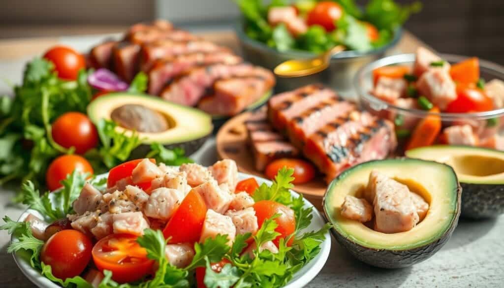 A vibrant, appetizing display of low-calorie tuna dishes, captured in a natural, well-lit setting. In the foreground, a delicate tuna salad with crisp greens, juicy cherry tomatoes, and a light, tangy dressing. Beside it, a grilled tuna steak resting on a bed of roasted vegetables, glistening with a drizzle of olive oil. In the middle ground, a tuna-stuffed avocado, the creamy flesh complementing the firm, flaky tuna. In the background, a tuna poke bowl, the cubed fish mingling with colorful, nutrient-dense ingredients. The scene exudes a sense of freshness, health, and culinary sophistication, highlighting the versatility and weight-loss benefits of this lean, protein-rich seafood. A vibrant, appetizing display of low-calorie tuna dishes, captured in a natural, well-lit setting. In the foreground, a delicate tuna salad with crisp greens, juicy cherry tomatoes, and a light, tangy dressing. Beside it, a grilled tuna steak resting on a bed of roasted vegetables, glistening with a drizzle of olive oil. In the middle ground, a tuna-stuffed avocado, the creamy flesh complementing the firm, flaky tuna. In the background, a tuna poke bowl, the cubed fish mingling with colorful, nutrient-dense ingredients. The scene exudes a sense of freshness, health, and culinary sophistication, highlighting the versatility and weight-loss benefits of this lean, protein-rich seafood.