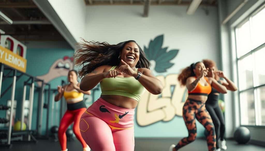 A vibrant, dynamic scene of Lizzo performing her signature workout routine. The foreground features Lizzo in vibrant, colorful athleisure wear, her body in motion as she executes a series of high-energy dance moves. Her expression is one of joyful determination, her hair flowing freely. The middle ground shows a well-equipped modern gym, with large windows allowing natural light to flood the scene. The background depicts a FattyLemon-branded mural, adding a playful, urban touch. The overall mood is one of positivity, empowerment, and inspiration.