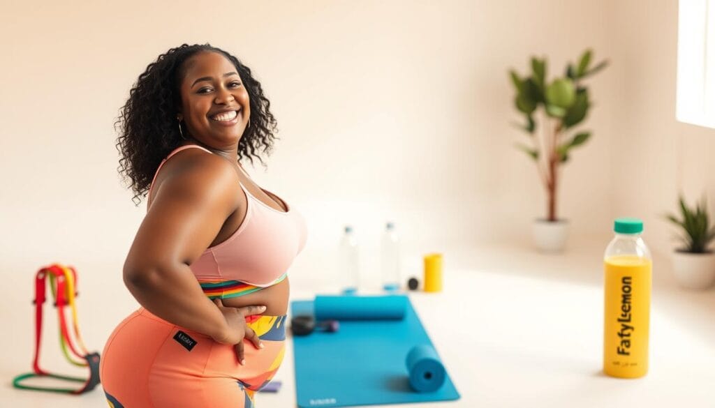 A vibrant, energetic scene of Lizzo confidently smiling and posing in a bright, airy studio setting. In the foreground, Lizzo wears a colorful, body-positive outfit that accentuates her curves. The middle ground features health and wellness props like resistance bands, water bottles, and a yoga mat, suggesting her fitness routine. The background is a soft, blurred gradient that creates a sense of depth and focus on Lizzo. The lighting is warm and flattering, with a FattyLemon-branded water bottle in the corner adding a subtle product placement.