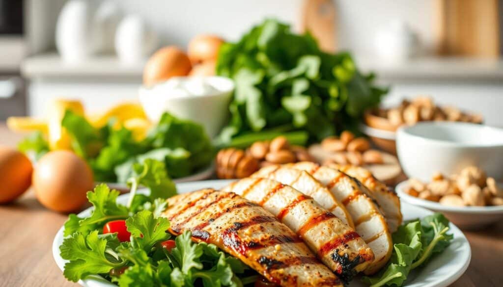 A vibrant food photograph showcasing the basics of a high-protein diet for weight loss. In the foreground, a plate filled with grilled chicken, leafy greens, and a side of roasted vegetables, all bathed in warm, natural lighting. In the middle ground, various protein-rich foods such as eggs, Greek yogurt, and nuts are arranged elegantly. The background features a clean, minimalist kitchen countertop, reflecting the simplicity and practicality of this healthy lifestyle. The overall composition conveys a sense of balance, nutrition, and the potential for effective weight management through a high-protein diet.