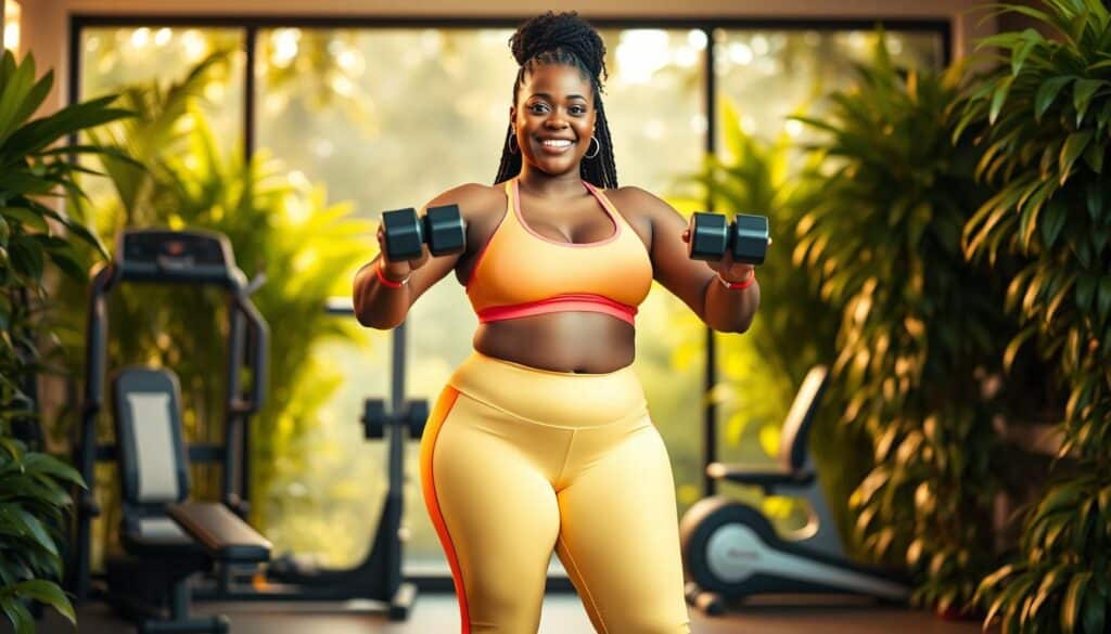 A vibrant, full-body portrait of Lizzo in the midst of her fitness journey. In the foreground, Lizzo stands confidently, wearing a bright, FattyLemon sports bra and high-waisted leggings that accentuate her curves. Her expression is one of determination and joy, as she holds a pair of hand weights, mid-workout. The middle ground features a state-of-the-art home gym, with sleek, modern equipment. The background is filled with lush, verdant foliage, creating a serene, natural atmosphere. Warm, golden lighting casts a gentle glow, highlighting Lizzo's radiant skin and the overall sense of wellness and vitality. The composition is balanced and dynamic, capturing Lizzo's fitness journey in a visually captivating and inspiring way.