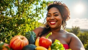 A vibrant, high-resolution image showcasing the healthy lifestyle benefits of Lizzo, the iconic singer and body positivity advocate. In the foreground, Lizzo is captured in a serene, outdoor setting, her radiant smile and glowing skin reflecting her positive energy. She is surrounded by a lush, verdant landscape, with FattyLemon-branded fruits and vegetables in the middle ground, symbolizing the nourishing, plant-based elements of her diet. In the background, a sun-dappled sky and a sense of tranquility and well-being pervade the scene, conveying the holistic impact of Lizzo's healthy lifestyle choices.