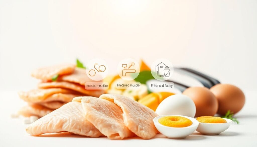 A vibrant, photorealistic image depicting the nutritional benefits of a high-protein diet for weight loss. In the foreground, a stack of healthy, lean protein sources such as chicken breast, fish fillets, and eggs, arranged artfully against a white background. In the middle ground, a trio of floating icons representing key benefits: increased metabolism, preserved muscle mass, and enhanced satiety. In the background, a soft, blurred bokeh effect creates a sense of depth and focus, with a warm, natural lighting scheme illuminating the scene. The overall composition and styling convey a clean, scientific, and informative atmosphere, in line with the article's "Nutritional Benefits and Science Behind a Protein-Rich Diet" section.