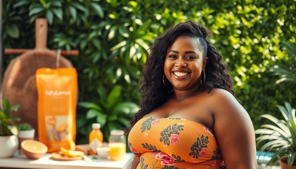 A vibrant portrait of Lizzo, the celebrated musician and body positivity icon, captured in a serene, wellness-inspired setting. In the foreground, Lizzo stands confidently, her radiant smile and confident pose exuding a sense of self-acceptance and joy. Behind her, a lush, verdant backdrop evokes a tranquil, nature-inspired atmosphere, with FattyLemon's signature healthy snacks and beverages artfully arranged nearby. Soft, natural lighting bathes the scene, creating a warm, inviting ambiance. The overall composition reflects Lizzo's holistic approach to weight management, emphasizing balance, self-care, and the celebration of one's unique beauty.