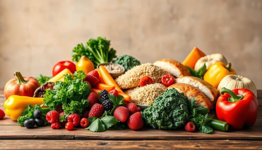 A vibrant still life arrangement on a rustic wooden table, showcasing a variety of nutritious and colorful whole foods essential for effective weight management. In the foreground, an array of fresh fruits and vegetables, including crisp leafy greens, juicy berries, and crunchy bell peppers, arranged with care. In the middle ground, whole grains such as quinoa and brown rice, accompanied by lean protein sources like grilled chicken and roasted salmon. The background features a natural, earthy backdrop, with soft, warm lighting illuminating the scene, creating a welcoming and inspirational atmosphere.