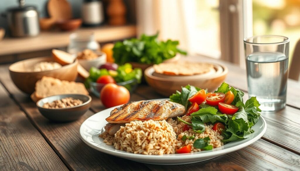 A vibrant still life featuring a balanced, nutritious lunch on a rustic wooden table. In the foreground, a plate filled with a variety of colorful foods - grilled chicken, roasted vegetables, a small portion of whole grain rice, and a side salad with mixed greens, cherry tomatoes, and a light vinaigrette dressing. Next to the plate, a glass of cool water and a piece of fresh fruit, perhaps an apple or an orange. The middle ground showcases complementary kitchen elements, such as a small bowl of nuts or seeds, a piece of whole grain bread, and a small container of healthy dip or hummus. The background is softly blurred, suggesting a cozy, home-cooked ambiance with warm, natural lighting from a nearby window. The overall scene conveys a sense of balance, nourishment, and simple, wholesome goodness.