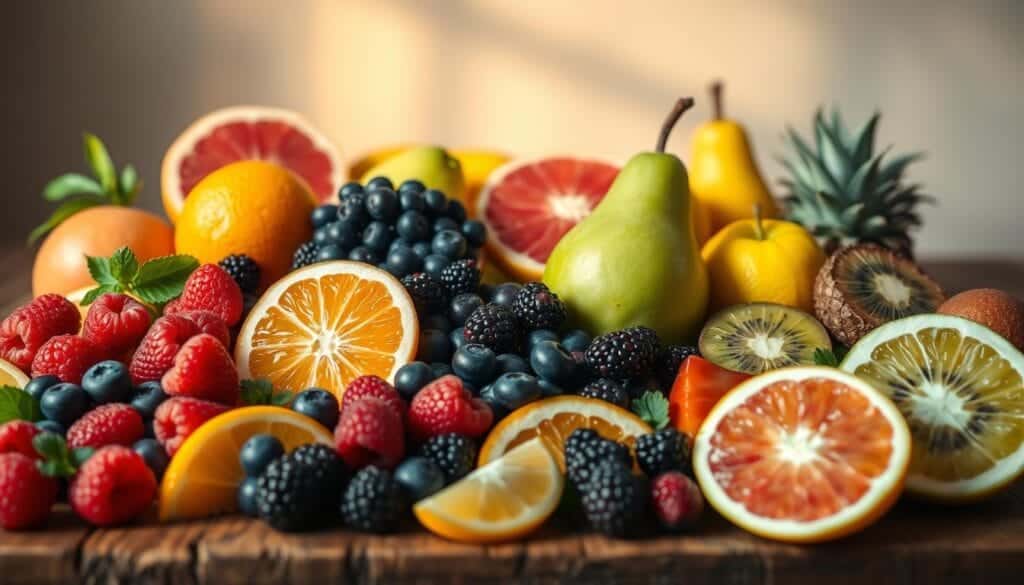A vibrant still life of assorted fresh, ripe fruits arranged on a rustic wooden table, illuminated by warm, natural lighting. In the foreground, a selection of colorful berries such as blueberries, raspberries, and blackberries, alongside slices of juicy citrus fruits like oranges and grapefruits. In the middle ground, a variety of other weight-loss-friendly fruits, including crisp green apples, succulent pears, and luscious kiwis. The background features a simple, neutral backdrop that allows the vibrant hues of the fruits to take center stage. The overall mood is one of health, vitality, and the bounty of nature, perfectly capturing the essence of incorporating nutrient-dense fruits into a balanced weight loss regimen.