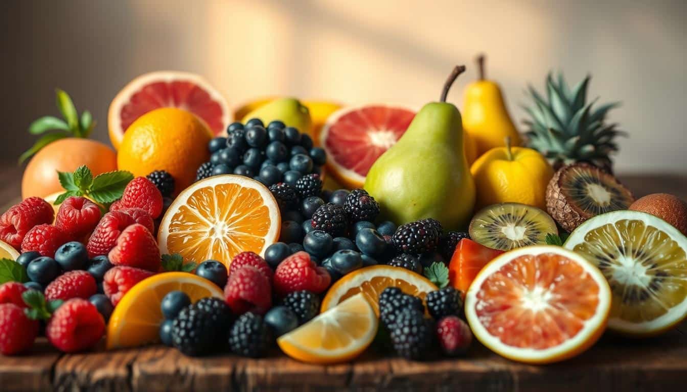 A vibrant still life of assorted fresh, ripe fruits arranged on a rustic wooden table, illuminated by warm, natural lighting. In the foreground, a selection of colorful berries such as blueberries, raspberries, and blackberries, alongside slices of juicy citrus fruits like oranges and grapefruits. In the middle ground, a variety of other weight-loss-friendly fruits, including crisp green apples, succulent pears, and luscious kiwis. The background features a simple, neutral backdrop that allows the vibrant hues of the fruits to take center stage. The overall mood is one of health, vitality, and the bounty of nature, perfectly capturing the essence of incorporating nutrient-dense fruits into a balanced weight loss regimen.