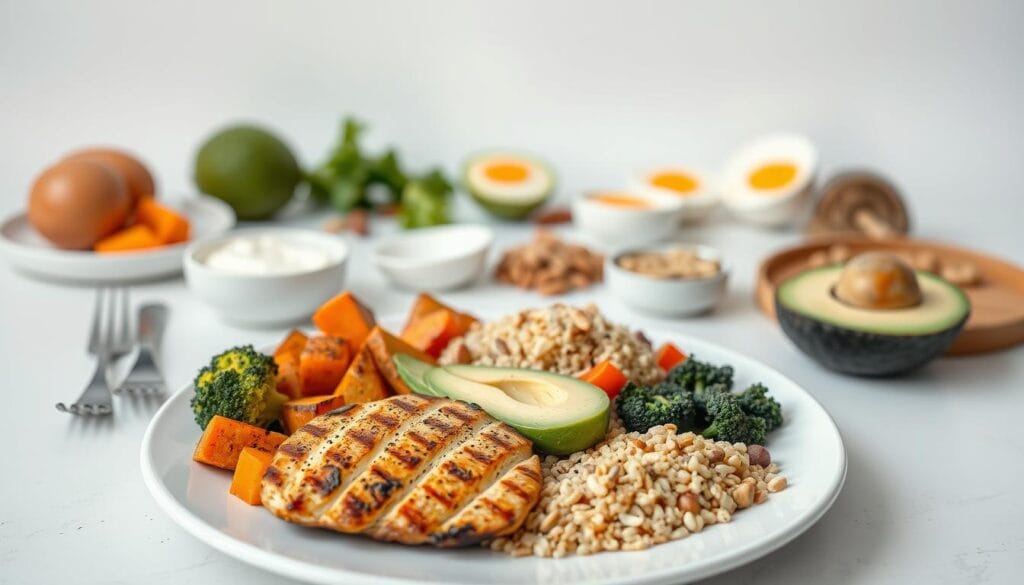 A visually appealing and informative image of a balanced high-protein meal plan for effective weight loss. In the foreground, an artfully arranged plate showcases a selection of nutrient-dense ingredients: grilled chicken breast, roasted vegetables like broccoli and sweet potatoes, a side of quinoa, and a small portion of avocado. The middle ground features additional meal components laid out neatly, such as hard-boiled eggs, Greek yogurt, and a variety of nuts and seeds. The background is clean and minimalist, with soft lighting casting a warm, inviting glow over the scene. The overall composition conveys a sense of culinary sophistication and healthy, sustainable weight loss.