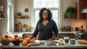 A warm, inviting kitchen setting with natural lighting streaming through a large window. On the counter, an array of fresh fruits, vegetables, and healthy snacks like nuts and yogurt. Oprah herself, standing at the center, exuding positivity and radiance as she shares her daily weight loss tips with an engaged audience. Subtle hints of her signature style and personal touches throughout the space, creating an aspirational yet relatable atmosphere. The overall mood is one of empowerment, inspiration, and a celebration of a healthy, balanced lifestyle.
