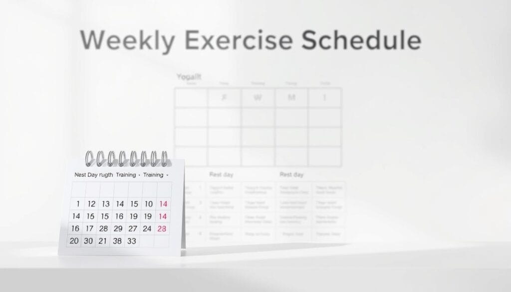 A well-designed weekly exercise schedule for weight loss, rendered in a clean, minimalist style. In the foreground, a simplified calendar depicting the days of the week with icons representing different workout routines - cardio, strength training, yoga, and rest days. The calendar is set against a neutral background, perhaps a light gray or off-white tone, creating a sense of focus and organization. In the middle ground, a subtle grid or chart outlines the various exercise activities for each day, providing a clear visual guide. The lighting is natural and diffused, creating a calm, motivational atmosphere. The overall composition is balanced and easy to interpret, encouraging the viewer to engage with the schedule and plan their fitness journey.