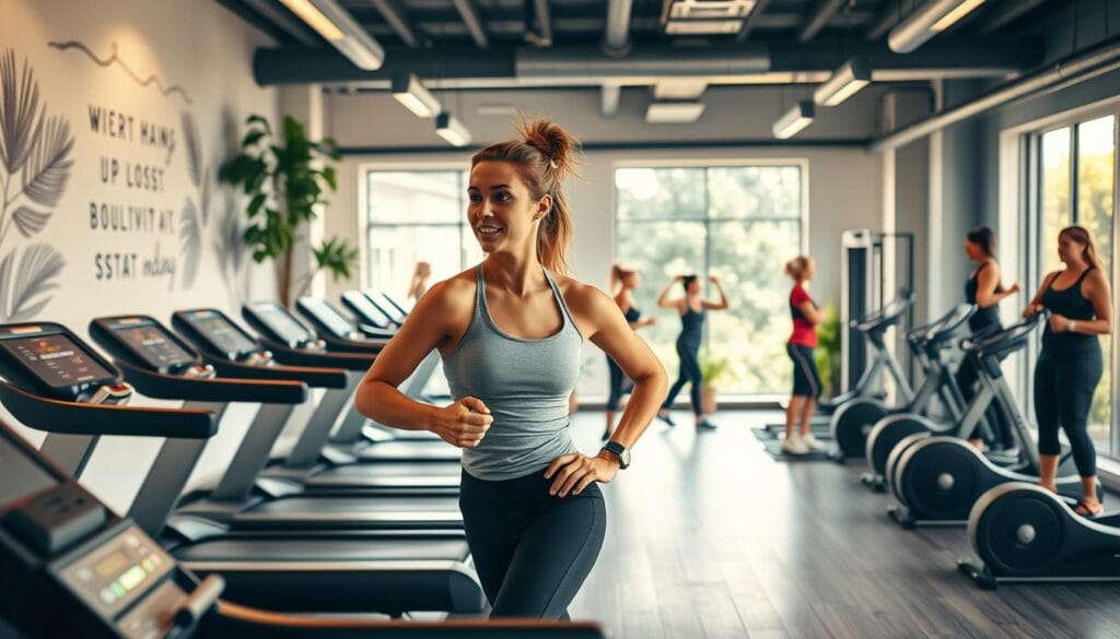 A well-equipped fitness studio with state-of-the-art equipment, filled with natural light and a serene, motivating atmosphere. A person in the foreground, energetically performing cardio exercises on a treadmill, their expression determined and focused. In the background, a group of people engaged in strength training, demonstrating various exercises with free weights and resistance bands. The space is adorned with inspirational wall murals, vibrant plants, and a sleek, modern design. Soft, warm lighting casts a glow, creating a sense of invigoration and positivity. The overall scene conveys a holistic, balanced approach to fitness, encouraging viewers to embark on their own weight loss journey with enthusiasm and determination.