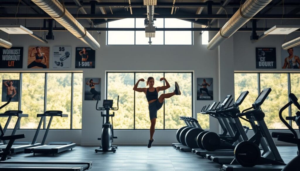 A well-equipped gym interior with abundant natural lighting, modern equipment like treadmills, ellipticals, and weight racks prominently displayed. In the center, a person performing a variety of dynamic exercises, their form and movement captured in a sharp, detailed fashion. The background features motivational workout posters and a large window overlooking a lush, verdant landscape. The overall atmosphere conveys a sense of focus, determination, and the transformative power of an optimal workout plan for effective weight loss.