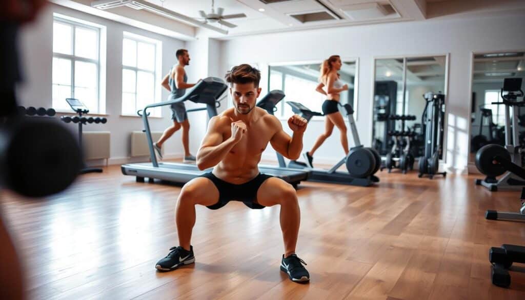 A well-lit fitness studio with a hardwood floor and minimalist decor. In the foreground, a person performing a series of squats, their muscles clearly defined. In the middle ground, another person running on a treadmill, their body in motion, highlighted by a soft, flattering light. In the background, exercise machines and free weights, creating a sense of an active, dynamic space. The overall mood is one of energy, focus, and determination, capturing the essence of an effective workout routine for weight loss.