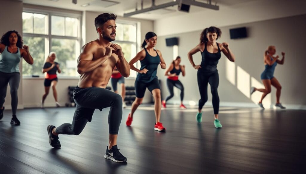 A well-lit fitness studio with a natural, diffused lighting, capturing a diverse set of people performing various weight loss exercises. In the foreground, a person doing lunges with proper form, their muscles toned and engaged. In the middle ground, a person planking with perfect posture, their core muscles activated. In the background, a person doing jumping jacks, their body in motion, demonstrating a high-intensity workout. The overall atmosphere is positive, motivating, and free of distractions, highlighting the importance of correct techniques to achieve successful weight loss.