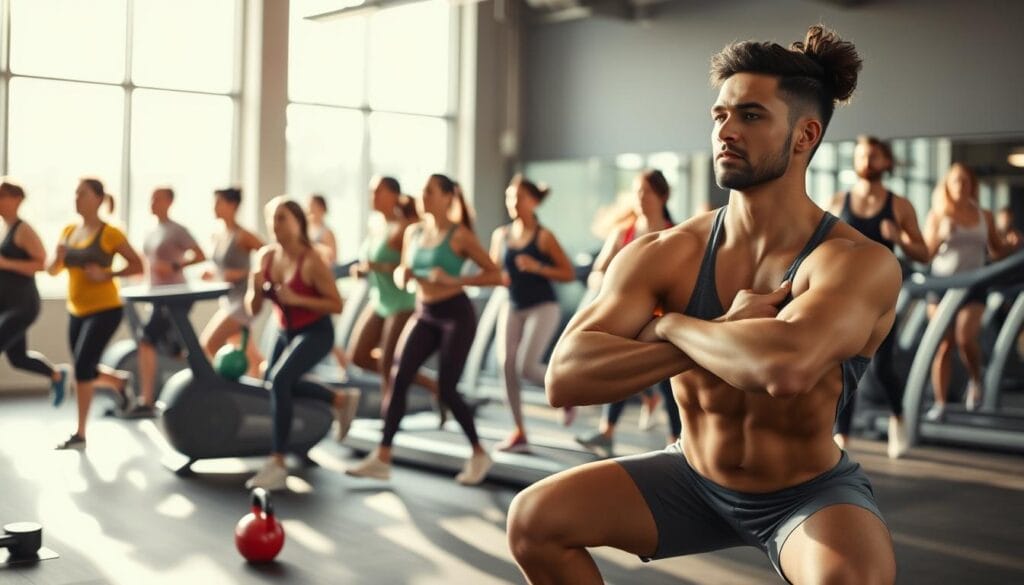 A well-lit gym setting with a diverse group of people engaged in various weight-loss exercises. In the foreground, a person performing squats, their muscles defined. In the middle ground, individuals using resistance bands and kettlebells, their faces determined. In the background, people running on treadmills, their strides powerful and efficient. The lighting is bright and natural, casting a warm glow over the scene. The overall atmosphere conveys a sense of motivation, energy, and the pursuit of a healthier lifestyle.