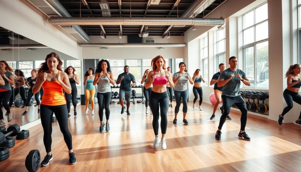 A well-lit, high-energy fitness studio with hardwood floors and mirrored walls. In the foreground, a group of diverse individuals performing a variety of fat-burning exercises like burpees, jumping jacks, and squats, their faces determined and bodies in motion. The middle ground showcases a mix of free weights, resistance bands, and exercise balls, hinting at the range of equipment available. The background features large windows allowing natural light to stream in, creating a sense of openness and vitality. The overall atmosphere conveys a message of consistency, discipline, and a shared commitment to achieving fitness goals.