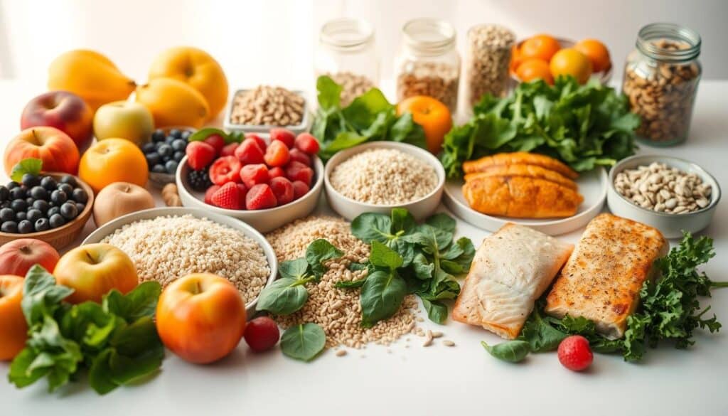 A well-lit, high-quality photograph of an assortment of healthy eating plan components artfully arranged on a clean, minimalist white table. In the foreground, a variety of fresh fruits such as apples, oranges, and berries, alongside a selection of leafy greens, including spinach and kale. In the middle ground, whole grains like quinoa and brown rice, accompanied by lean protein sources such as grilled chicken breast and baked salmon fillets. In the background, a few glass jars filled with nuts and seeds, complementing the overall balanced and nutritious display. The lighting is warm and natural, creating a calm and inviting atmosphere that emphasizes the wholesome and balanced nature of the featured items.