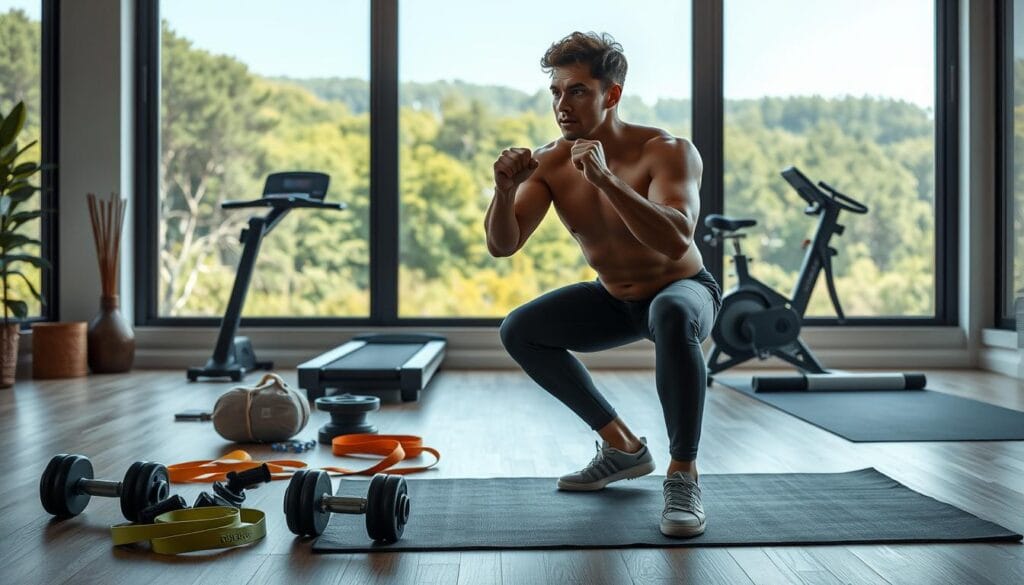 A well-lit, high-resolution image of a person performing a series of proven weight loss exercises in a modern home gym setting. The foreground features a fit individual doing squats with proper form, surrounded by a selection of dumbbells, resistance bands, and a yoga mat. The middle ground showcases a treadmill and exercise bike, while the background depicts large windows overlooking a lush, natural landscape. The overall scene conveys a sense of focus, determination, and the effectiveness of a tailored workout regimen for achieving weight loss goals.