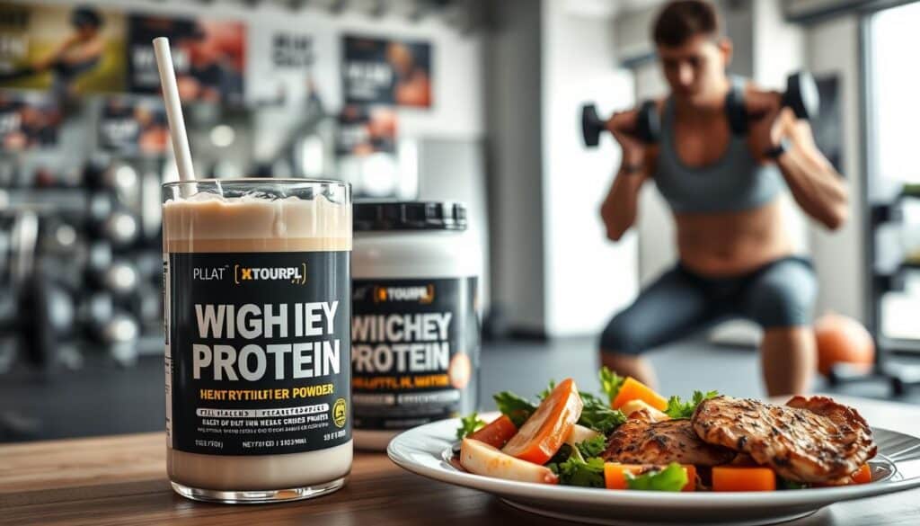 A well-lit, high-resolution image of a weight loss regimen centered around a high-protein diet and exercise. In the foreground, a glass of protein shake, a container of whey protein powder, and a plate of grilled chicken and vegetables. In the middle ground, a person performing squats with dumbbells, showcasing the benefits of strength training. The background features a sleek, modern gym setting with various exercise equipment and motivational posters. The image conveys a sense of balance, discipline, and the synergistic effects of diet and exercise for effective weight loss.