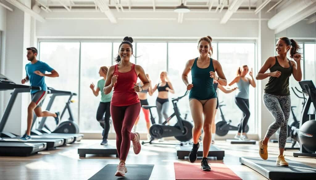 A well-lit, high-resolution image of an effective exercise plan for weight loss. The foreground depicts a diverse group of individuals performing various exercises like jogging, weightlifting, and yoga. The middle ground showcases exercise equipment like treadmills, stationary bikes, and resistance bands. The background features a clean, minimalist gym setting with natural lighting streaming through large windows. The overall mood is motivational and inspiring, encouraging viewers to adopt a healthy, sustainable exercise routine. The image avoids stereotypes and clichés, presenting a diverse, inclusive, and realistic depiction of an effective weight loss exercise plan.