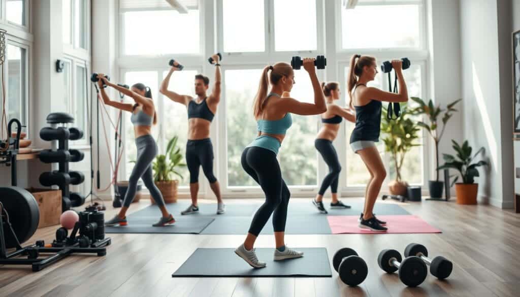 A well-lit home gym with an array of exercise equipment, including a yoga mat, resistance bands, and a set of dumbbells. In the foreground, a person in athletic clothing performs a sequence of strength training exercises, their movements captured in dynamic poses. The background features an airy, minimalist interior design with natural light pouring in through large windows, creating a serene and motivating atmosphere. The overall composition conveys a sense of focus, determination, and the attainability of a healthy, weight-loss-oriented fitness regimen that can be achieved within the comfort of one's own home.