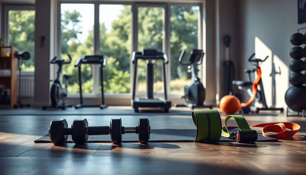 A well-lit home gym with various exercise equipment arranged in a visually appealing layout. In the foreground, a set of dumbbells, resistance bands, and a yoga mat are neatly organized. In the middle ground, a treadmill, exercise bike, and weight bench are positioned, with slanted lighting casting dramatic shadows. The background features a large window overlooking a lush, green outdoor landscape, creating a sense of openness and tranquility. The overall mood is one of focused determination and the promise of a healthier, fitter lifestyle.