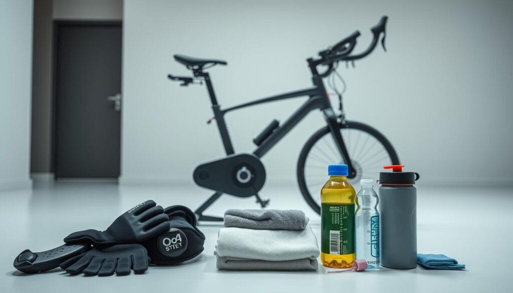 A well-lit indoor studio setting showcasing an array of essential accessories for a high-quality workout bike. In the foreground, an assortment of cycling gloves, water bottles, and a towel neatly arranged. In the middle ground, the sleek, modern frame of the workout bike, accentuated by a heart rate monitor and a device mount. The background features a clean, minimalist wall, highlighting the practical and performance-oriented nature of the accessories. The lighting is soft and diffused, creating a sense of clarity and focus, emphasizing the attention to detail and the synergy between the bike and its complementary gear.