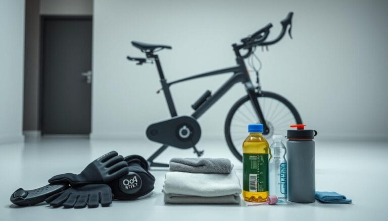 A well-lit indoor studio setting showcasing an array of essential accessories for a high-quality workout bike. In the foreground, an assortment of cycling gloves, water bottles, and a towel neatly arranged. In the middle ground, the sleek, modern frame of the workout bike, accentuated by a heart rate monitor and a device mount. The background features a clean, minimalist wall, highlighting the practical and performance-oriented nature of the accessories. The lighting is soft and diffused, creating a sense of clarity and focus, emphasizing the attention to detail and the synergy between the bike and its complementary gear.