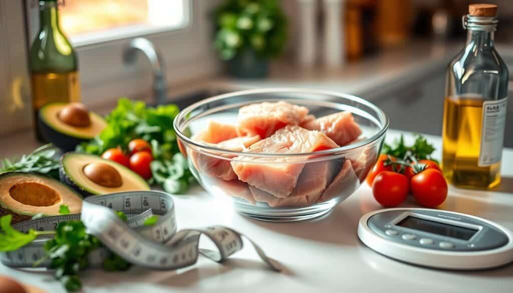 A well-lit kitchen counter with a glass bowl filled with fresh tuna steaks, surrounded by various healthy ingredients like sliced avocado, cherry tomatoes, leafy greens, and a bottle of olive oil. In the foreground, a measuring tape and a digital food scale create a sense of a balanced, calorie-controlled diet. The lighting is warm and natural, casting a soft glow on the scene, conveying a sense of wellness and weight management. The overall atmosphere is clean, minimalist, and focused on the nutritional benefits of tuna as a key component of a healthy weight loss regimen. A well-lit kitchen counter with a glass bowl filled with fresh tuna steaks, surrounded by various healthy ingredients like sliced avocado, cherry tomatoes, leafy greens, and a bottle of olive oil. In the foreground, a measuring tape and a digital food scale create a sense of a balanced, calorie-controlled diet. The lighting is warm and natural, casting a soft glow on the scene, conveying a sense of wellness and weight management. The overall atmosphere is clean, minimalist, and focused on the nutritional benefits of tuna as a key component of a healthy weight loss regimen.