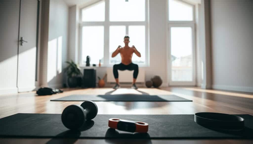 A well-lit, minimalist home gym scene. In the foreground, a yoga mat and various exercise equipment like dumbbells, a resistance band, and a fitness tracker. In the middle ground, a person performing squats, their silhouette casting a long shadow on the hardwood floor. The background features large windows allowing natural light to filter in, creating a bright, airy atmosphere. The overall mood is one of focus, determination, and a sense of achieving one's fitness goals.