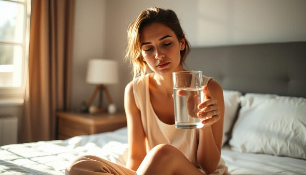 A woman sits on the edge of her bed, holding a glass of water, with morning light streaming through the window. The scene is warm and calming, with soft shadows and muted tones. Her expression is peaceful and focused as she takes a sip, starting her day with intentional hydration. The camera angle is slightly elevated, creating a sense of intimacy and drawing the viewer's eye to the water glass and the woman's tranquil face. The background is blurred, keeping the attention on the central figure and her morning ritual.
