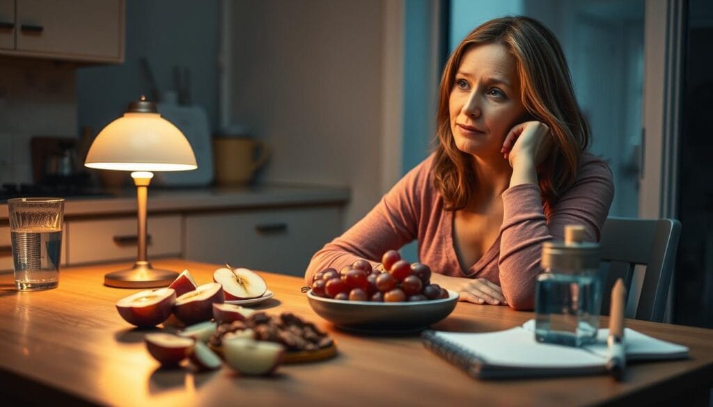 A woman sitting at a kitchen table, late at night, looking at a healthy snack of sliced apples, grapes, and nuts. The scene is softly lit by a table lamp, casting a warm glow and creating a cozy, intimate atmosphere. The woman's expression is thoughtful, as she considers her evening hunger and ways to satisfy it while staying on track with her healthy weight loss goals. The table is uncluttered, with a glass of water and a notebook nearby, suggesting a mindful, intentional approach to managing cravings. The overall mood is contemplative and serene, conveying the challenge and satisfaction of making healthy choices during the vulnerable hours of the night.