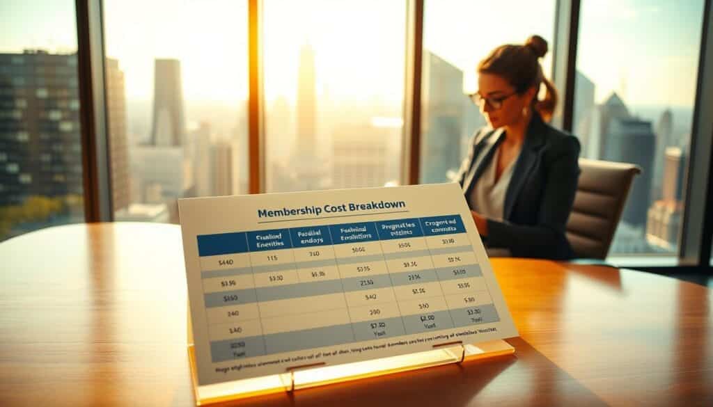 An office interior with a large window overlooking a cityscape. In the foreground, a Weight Watchers membership cost breakdown chart displayed on a sleek, wooden desk. The chart is detailed, highlighting various factors like subscription plans, enrollment fees, and program add-ons. The middle ground features a woman in business attire sitting at the desk, studying the chart intently. The background showcases the bustling city skyline, with skyscrapers and a vibrant, sun-drenched atmosphere. The lighting is warm and natural, casting a soft glow throughout the scene. The overall mood is one of thoughtful analysis and financial consideration.