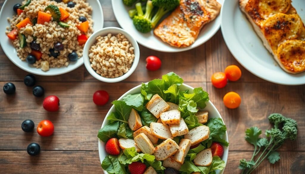 Beautifully lit, top-down view of a wooden table featuring an assortment of healthy, weight-loss-friendly meal ideas. In the foreground, a vibrant green salad with fresh vegetables, grilled chicken, and a light dressing. Behind it, a bowl of hearty quinoa with roasted vegetables, and a plate of baked salmon with steamed broccoli. Scattered throughout, fresh fruits like berries and citrus provide pops of color. The lighting is soft and natural, creating a warm, inviting atmosphere. The overall composition is visually appealing and emphasizes the nutritious, balanced nature of these weight-loss-supporting meals.