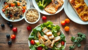 Beautifully lit, top-down view of a wooden table featuring an assortment of healthy, weight-loss-friendly meal ideas. In the foreground, a vibrant green salad with fresh vegetables, grilled chicken, and a light dressing. Behind it, a bowl of hearty quinoa with roasted vegetables, and a plate of baked salmon with steamed broccoli. Scattered throughout, fresh fruits like berries and citrus provide pops of color. The lighting is soft and natural, creating a warm, inviting atmosphere. The overall composition is visually appealing and emphasizes the nutritious, balanced nature of these weight-loss-supporting meals.