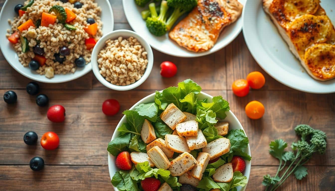 Beautifully lit, top-down view of a wooden table featuring an assortment of healthy, weight-loss-friendly meal ideas. In the foreground, a vibrant green salad with fresh vegetables, grilled chicken, and a light dressing. Behind it, a bowl of hearty quinoa with roasted vegetables, and a plate of baked salmon with steamed broccoli. Scattered throughout, fresh fruits like berries and citrus provide pops of color. The lighting is soft and natural, creating a warm, inviting atmosphere. The overall composition is visually appealing and emphasizes the nutritious, balanced nature of these weight-loss-supporting meals.